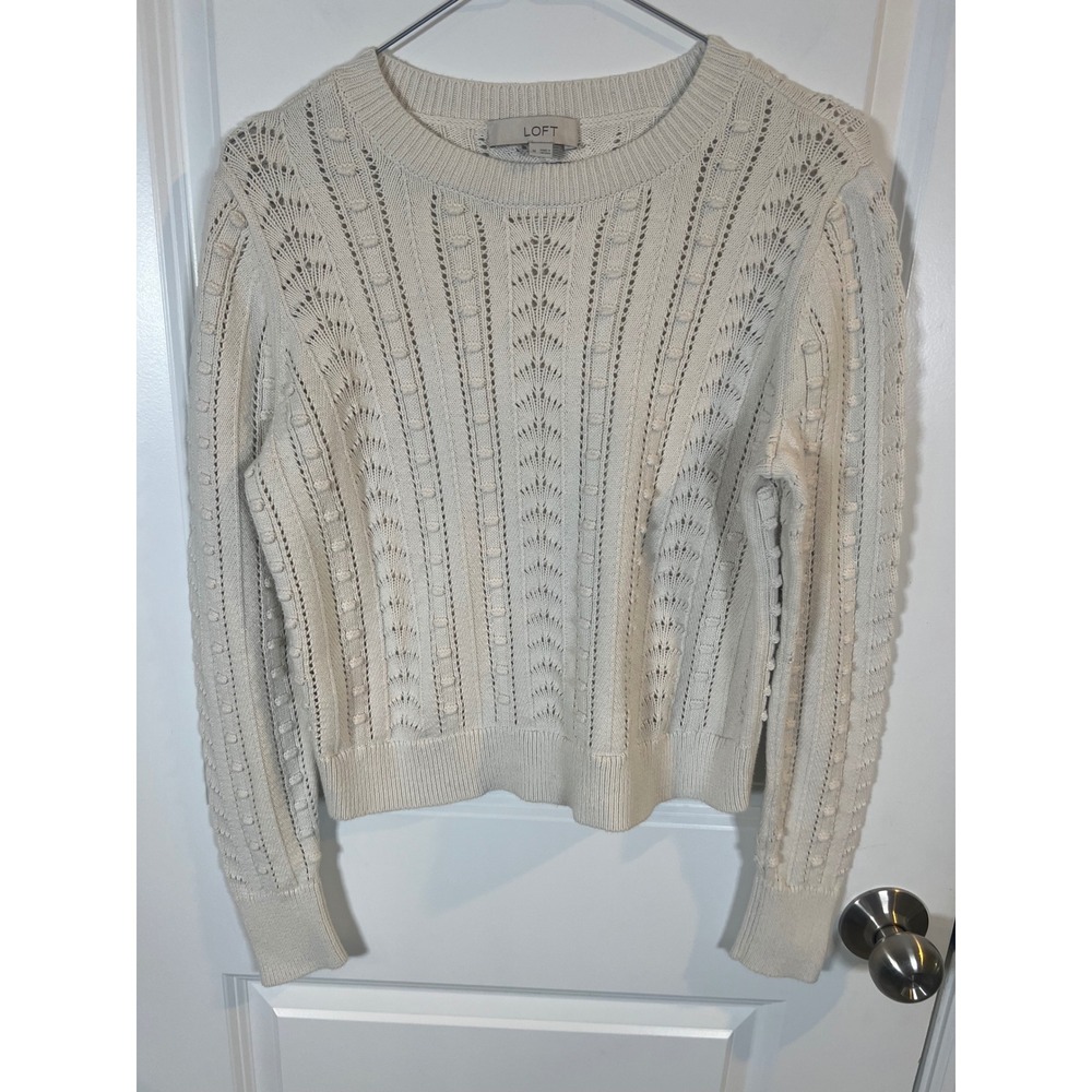 LOFT Womens Sweater Pointelle Bobble Knit Cream Size M